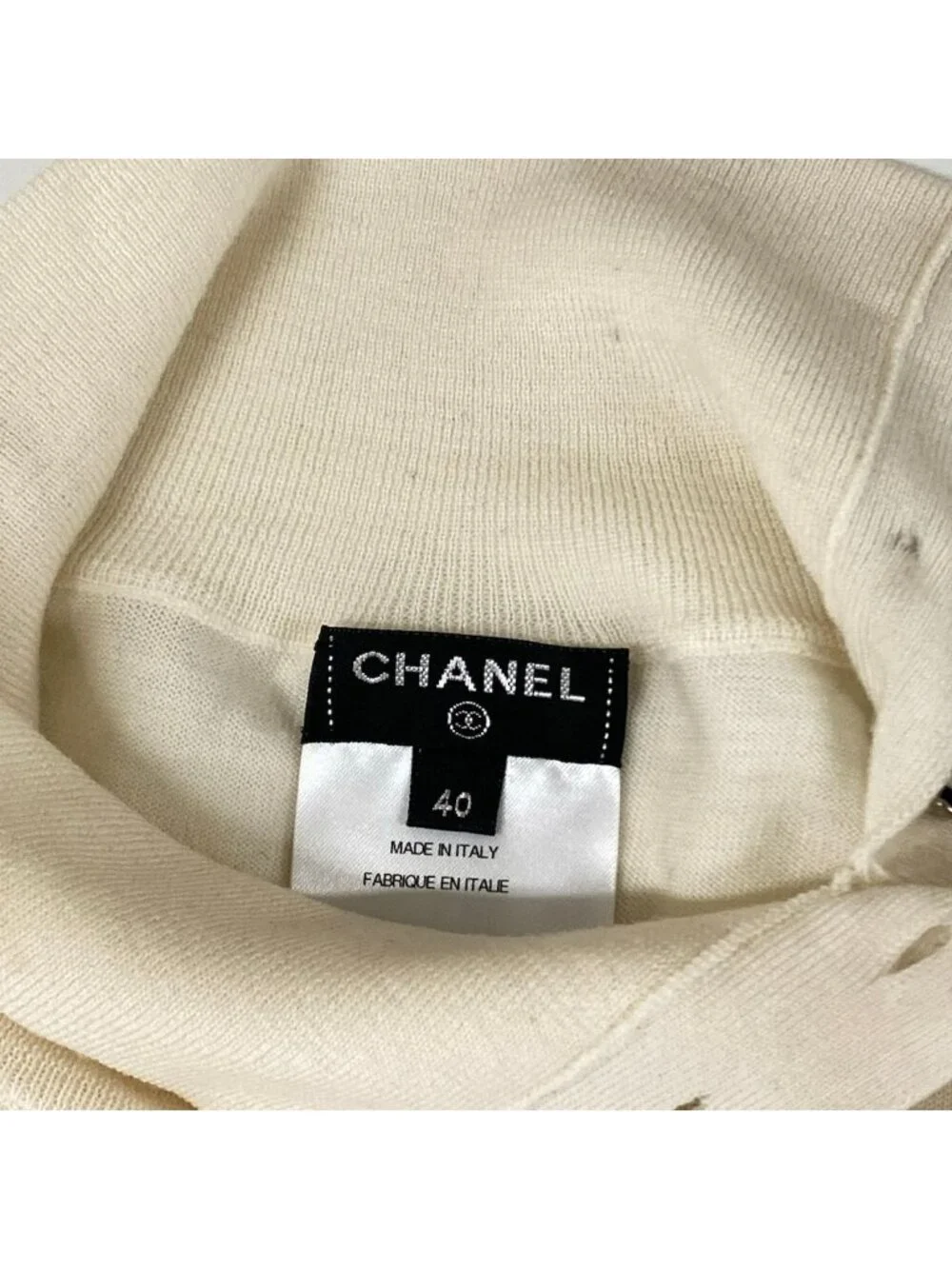 Chanel 3/4 Sleeve Sweater 40 M Ivory High Neck Coco Button Wool